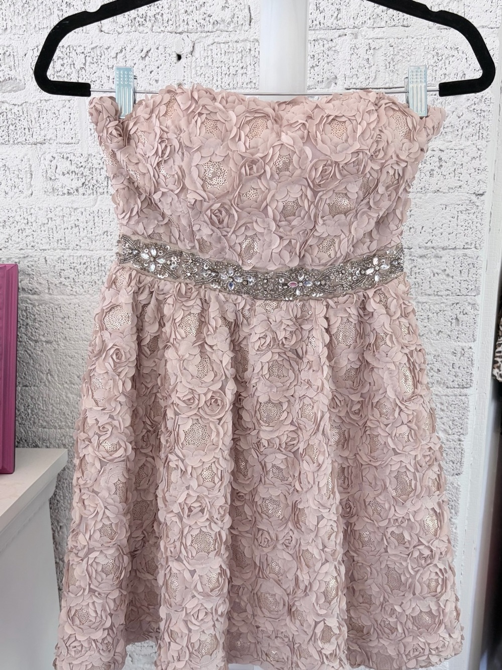 Blush Floral and Sequin Strapless Homecoming Mini Dress with Jeweled Waist